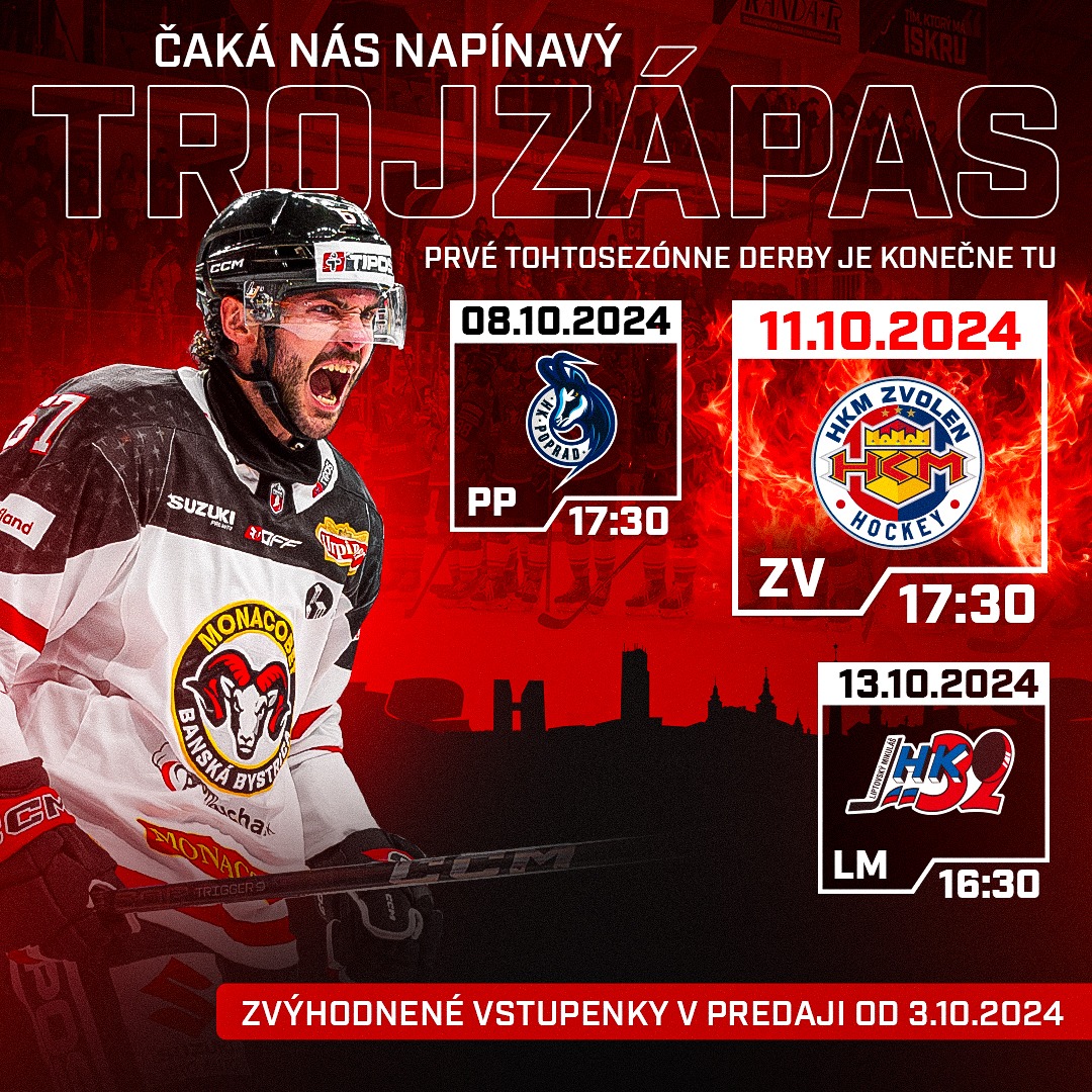 Trojzápas HC MONACObet Banská Bystrica vs HK Poprad, HKM Zvolen a HK 32 Liptovský Mikuláš